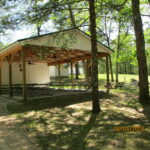 Wooden picnic shelter in a forested area.